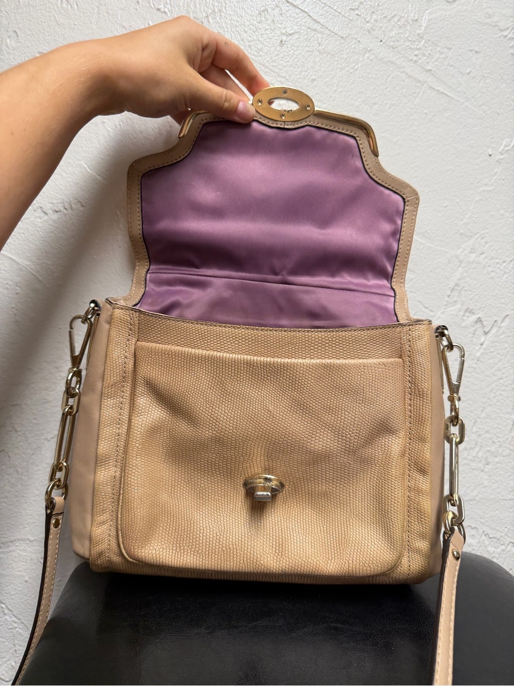 Beige Lizard-embossed Leather Coach Madison Sadie Flap Satchel - Picture 7 of 16